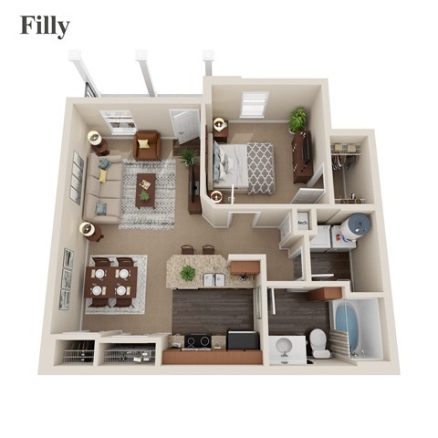 Floor plan for 1 bed, 1 bath, 675 sqft